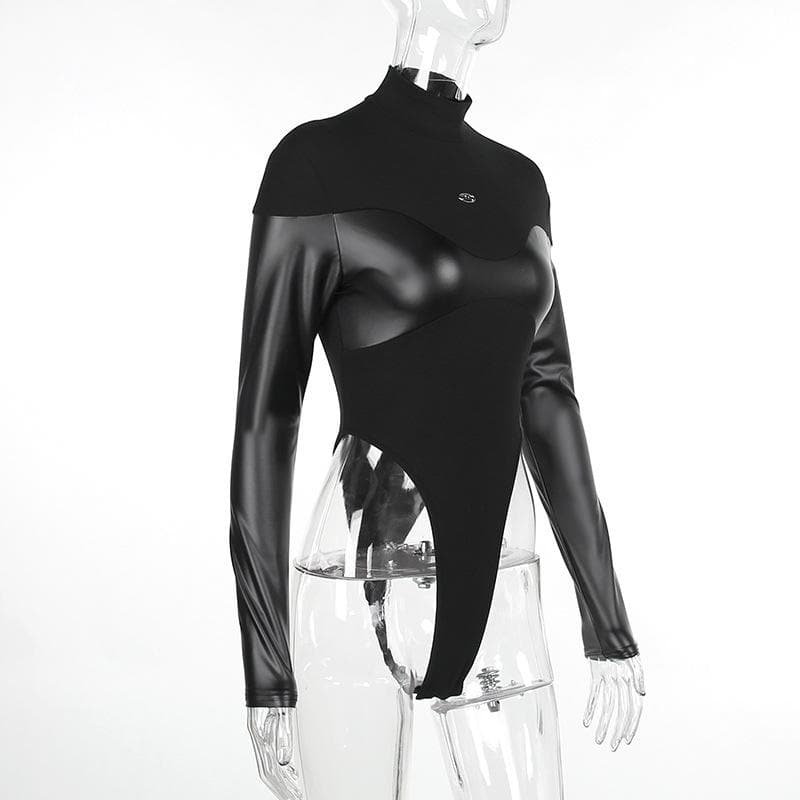 Patchwork high neck long sleeve PU leather bodysuit