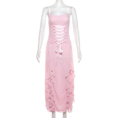 Ruffle ruched chiffon lace up slit cowl neck cami maxi dress