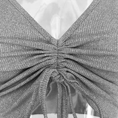 Drawstring 2-way ruched v neck ruffle solid cami top