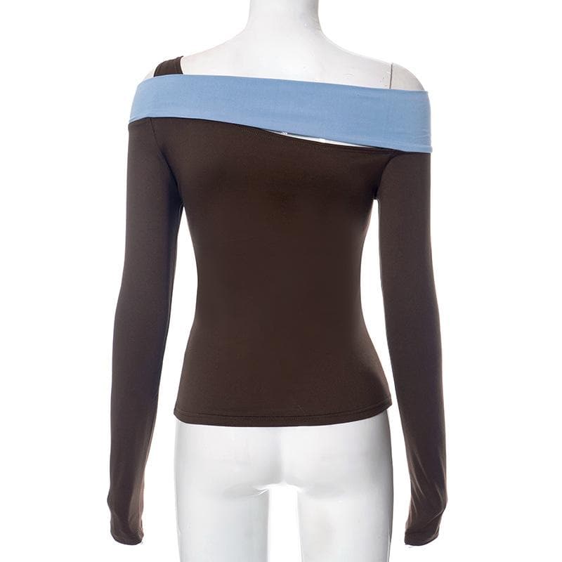 Patchwork long sleeve irregular off shoulder contrast top