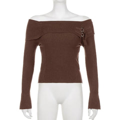 Buckle off shoulder solid long sleeve top