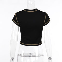 Contrast print short sleeve stitch hollow out crewneck crop cut out top