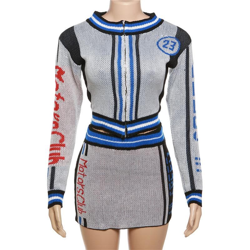 Knitted long sleeve contrast zip-up mini skirt set