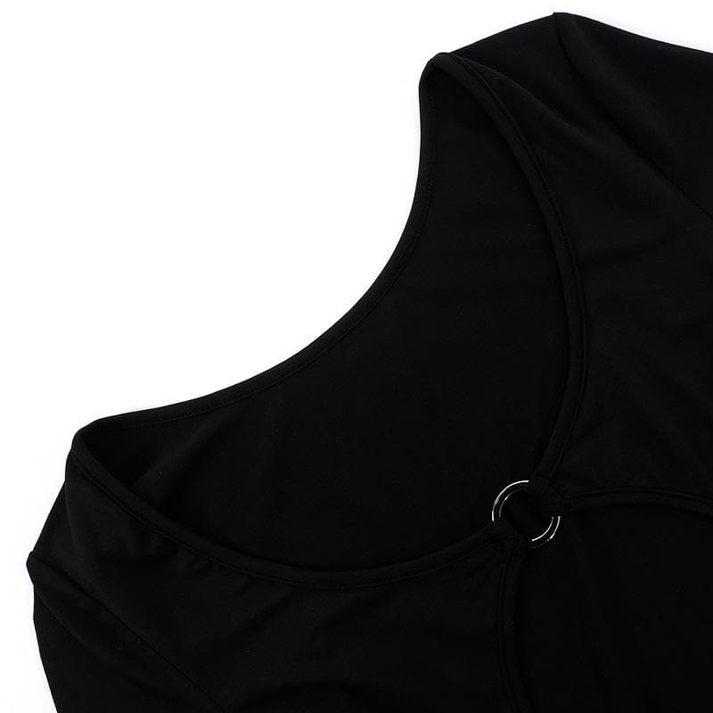Solid long sleeve o ring hollow out u neck bodysuit