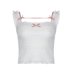 Bowknot lace hem contrast sleeveless backless top