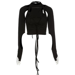 Crewneck long sleeve irregular hollow out cut out top