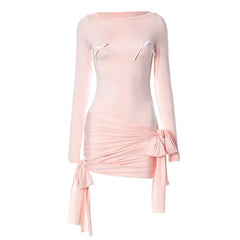 Bowknot ruched solid patchwork long sleeve self tie mini dress