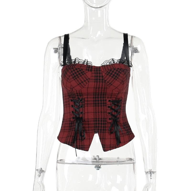 Plaid sweetheart neck lace up lace hem backless cami top