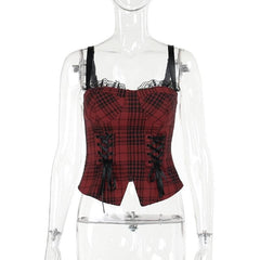 Plaid sweetheart neck lace up lace hem backless cami top