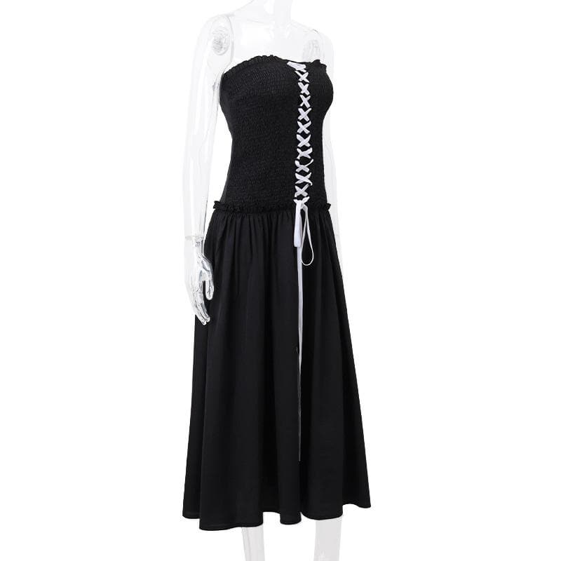 Smocked ruffle ruched lace up backless tube midi dress