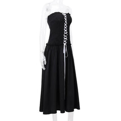 Smocked ruffle ruched lace up backless tube midi dress