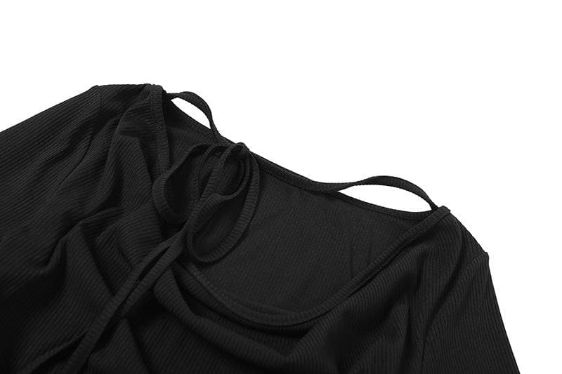 Ribbed cowl neck long sleeve solid self tie top