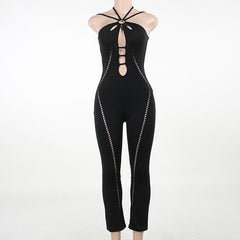 Lace up hollow out halter o ring backless solid jumpsuit