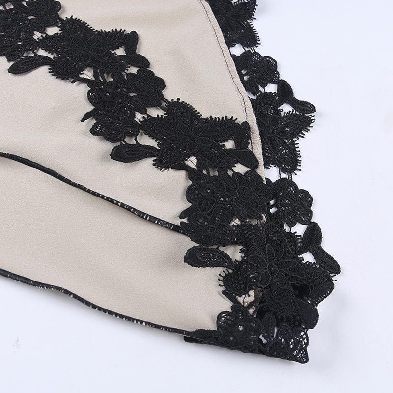 Contrast irregular v neck lace hem stitch mini dress