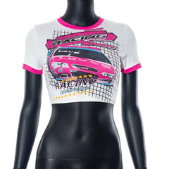 Short sleeve car pattern contrast patchwork crop top
