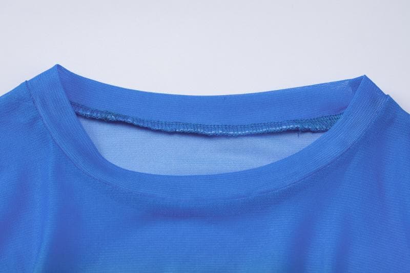 Contrast sheer mesh see through long sleeve crewneck mini dress
