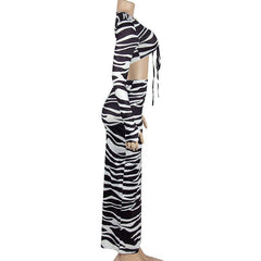 Zebra print self tie contrast long sleeve irregular slit maxi skirt set