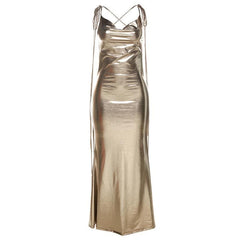 Metallic cowl neck cross back self tie ruched maxi dress