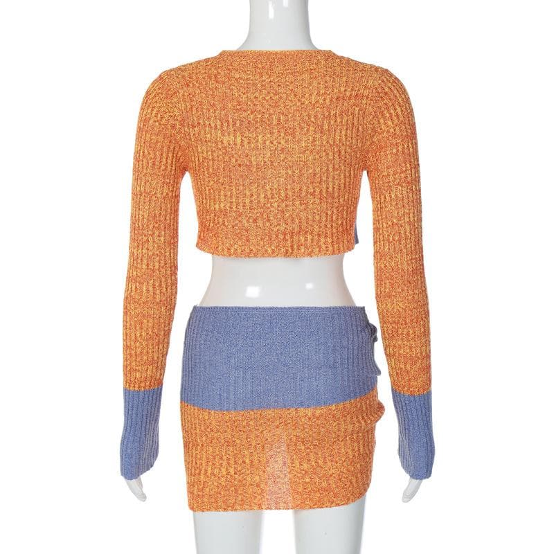 Knitted patchwork contrast long sleeve hollow out mini skirt set