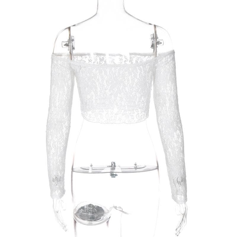 Off shoulder long sleeve lace see through solid crop top