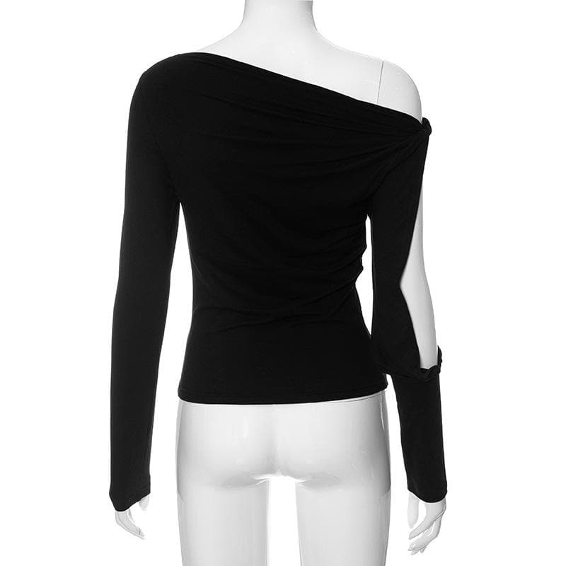 Solid long sleeve off shoulder irregular knotted hollow out cut out top