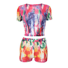 Short sleeve crewneck tie dye contrast mesh pant set