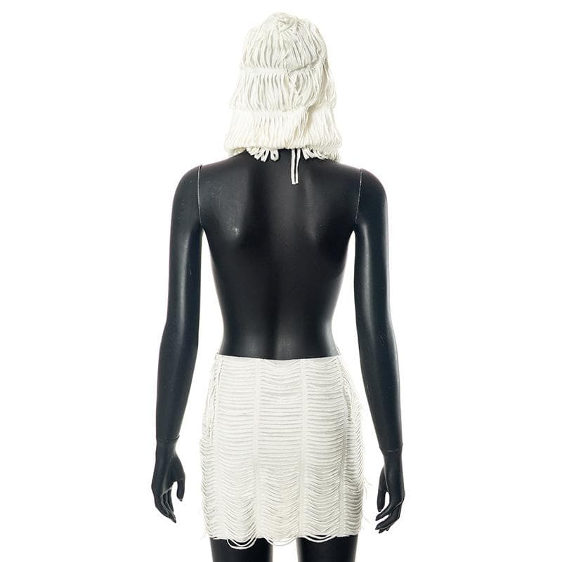 Textured solid hoodie cowl neck sleeveless backless tassels mini dress