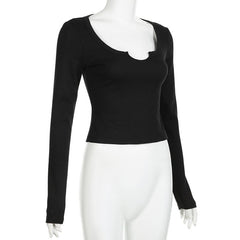 Ribbed notch neck solid long sleeve top