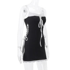 Self tie lace up backless patchwork contrast cami mini dress
