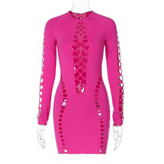 Hollow out long sleeve solid crewneck mini dress