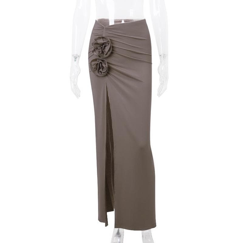 Ruched high slit flower applique irregular solid maxi skirt