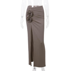 Ruched high slit flower applique irregular solid maxi skirt