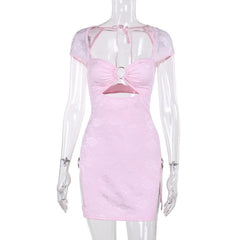 Short sleeve o ring high slit ruched hollow out cut out mini dress