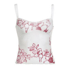 Sheer mesh see through flower print sleeveless lace hem crop top