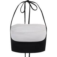 Pleated contrast patchwork halter backless crop top