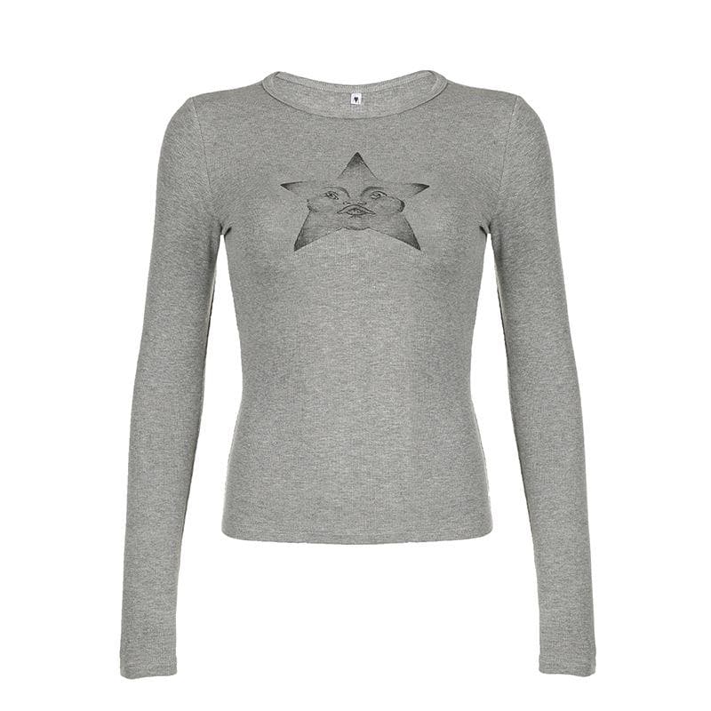 Star pattern long sleeve crewneck contrast top