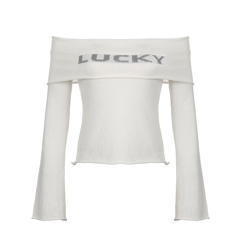 Off shoulder "LUCKY" pattern long sleeve top