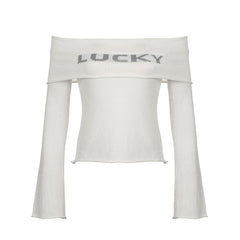 Off shoulder "LUCKY" pattern long sleeve top