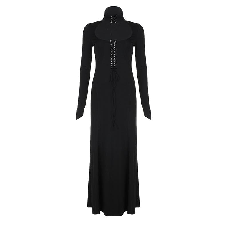 Lace up hollow out solid long sleeve maxi dress