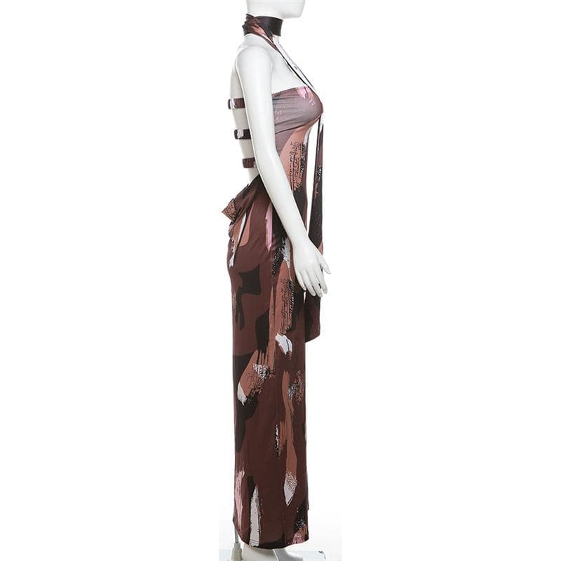 Print ruched backless hollow out tube maxi dress