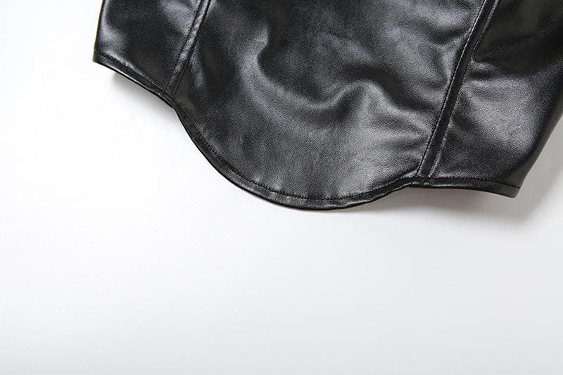 Solid PU leather zip-up v neck backless bustier tube crop top