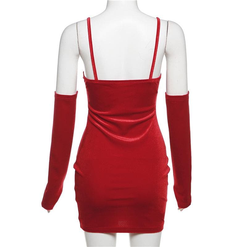 Sweetheart neck gloves velvet glitter mesh patchwork cami dress