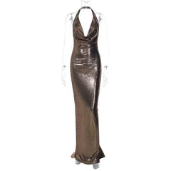 Metallic cowl neck ruched halter backless maxi dress