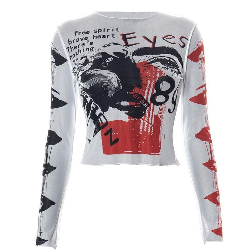 Mesh see through crewneck print ruffled crop top