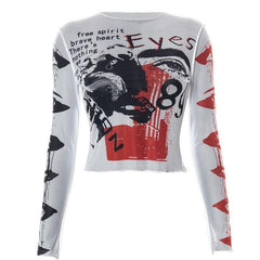 Mesh see through crewneck print ruffled crop top