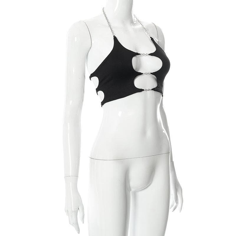 Metal chain hollow out solid crop halter cut out top