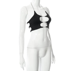Metal chain hollow out solid crop halter cut out top