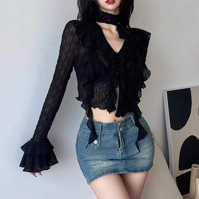 Textured solid long sleeve halter v neck ruffle flared sleeve crop top