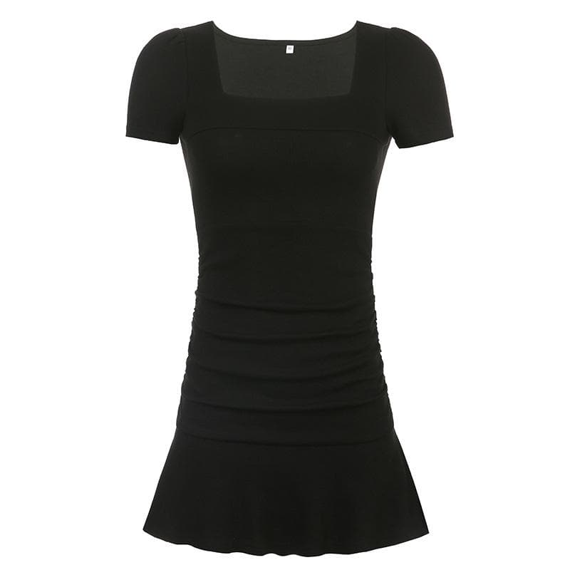 Solid ribbed ruched square neck ruffle short sleeve mini dress