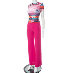 Sheer mesh see through short sleeve contrast pant set